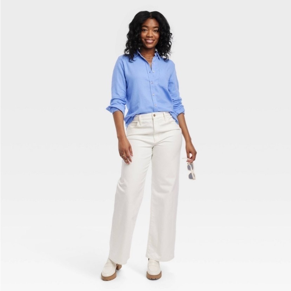 Women's Linen Long Sleeve Collared Button-Down Shirt - Universal Thread 🆕
